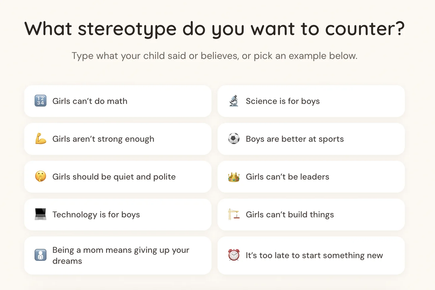Stereotype selection screen - Type the stereotype your child has expressed