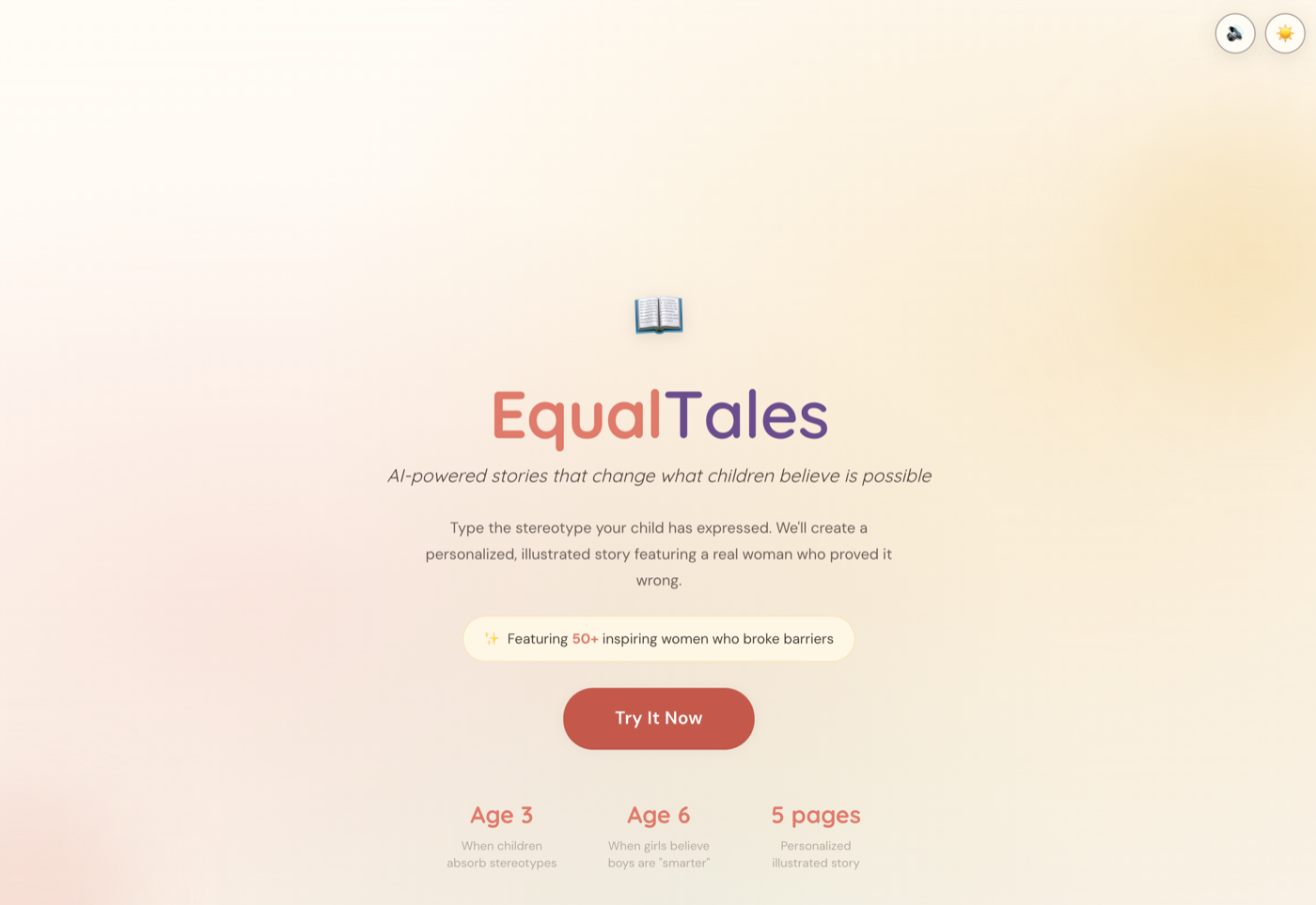 EqualTales case study hero image - An AI-powered children's storybook generator featuring real women from history—built in 48 hours for a hackathon with a mission.