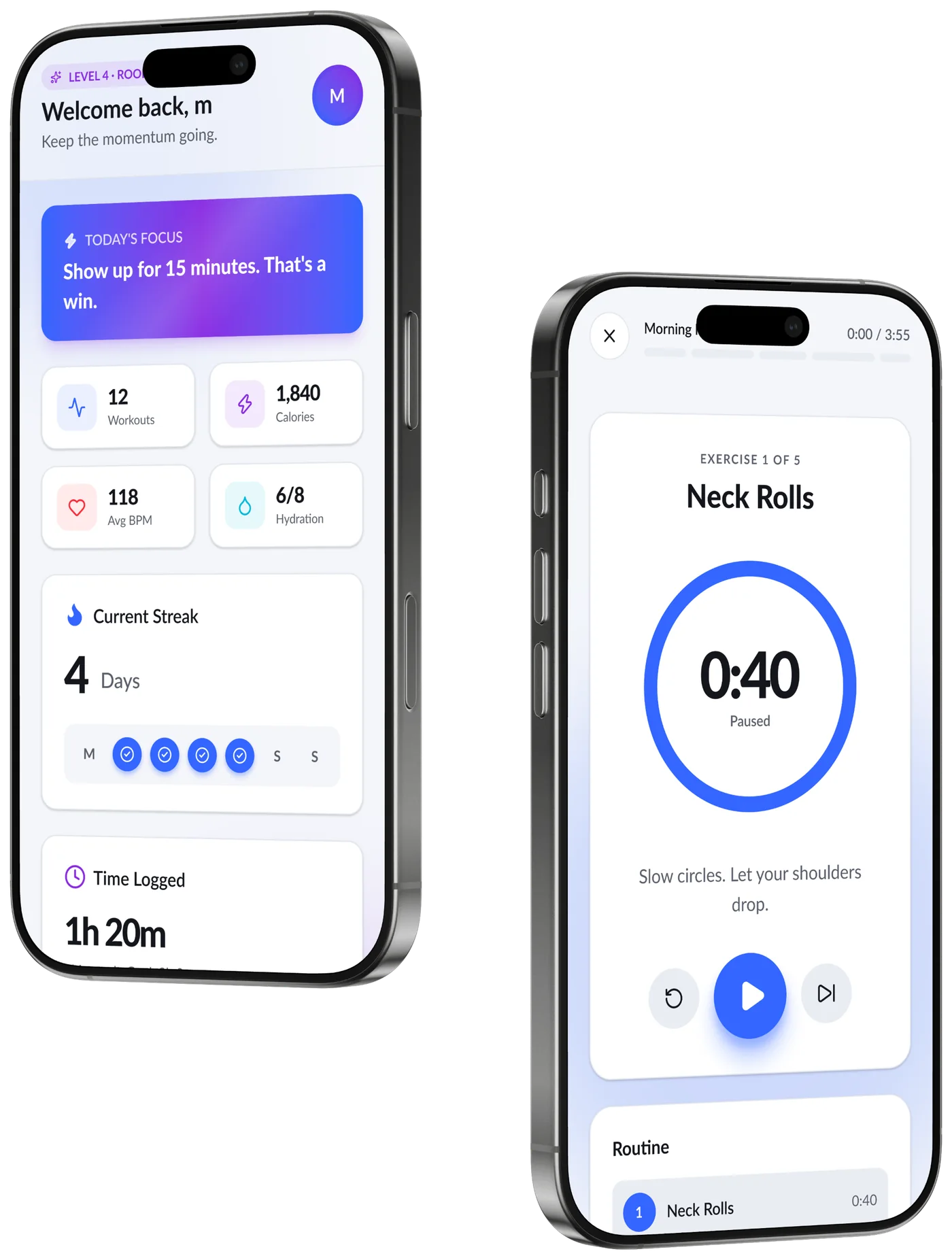 FitStart mobile app showing the home dashboard with daily focus and streak, alongside the guided workout player