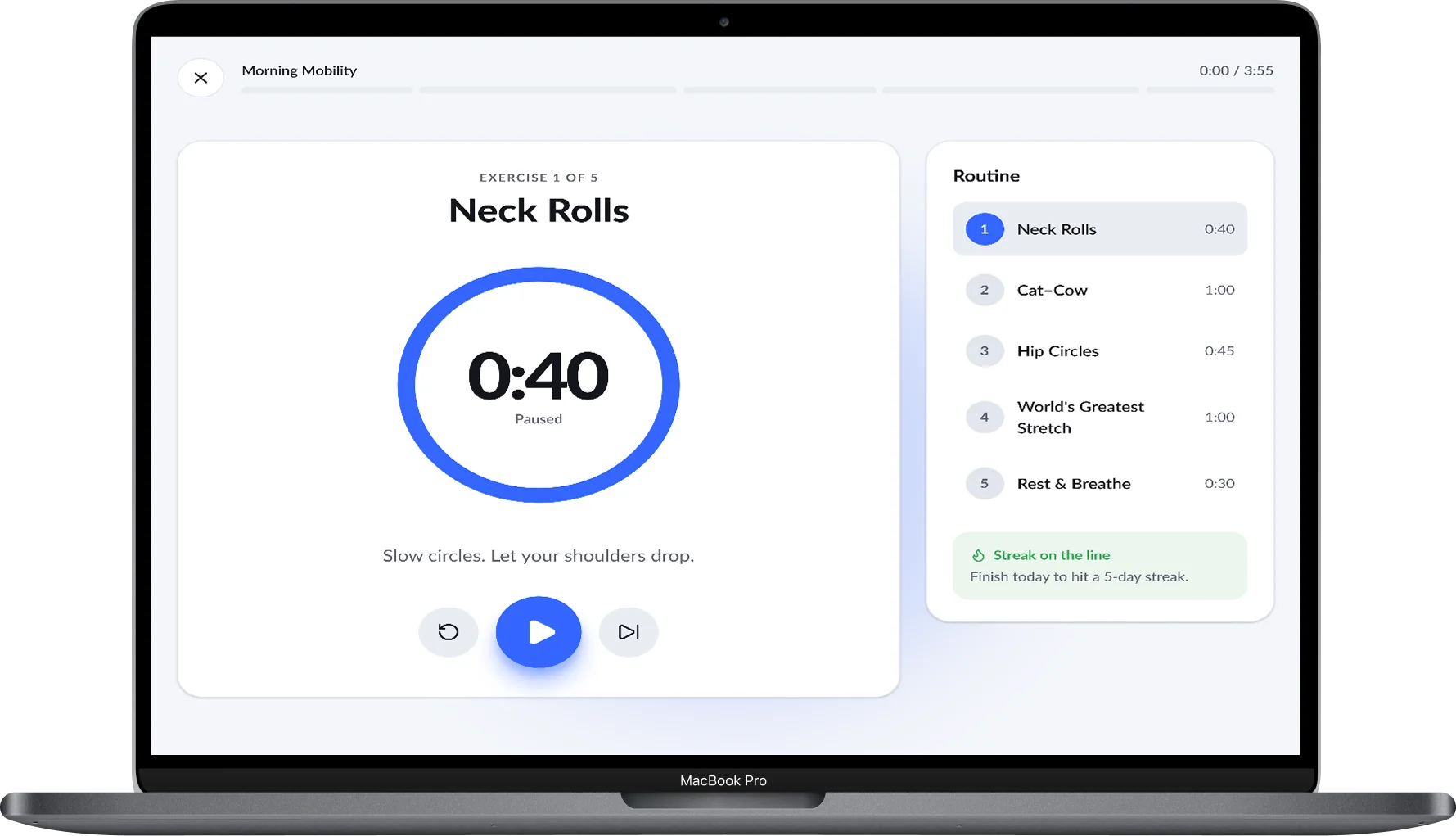 FitStart desktop workout player guiding the Morning Mobility routine with an exercise timer and step-by-step routine list