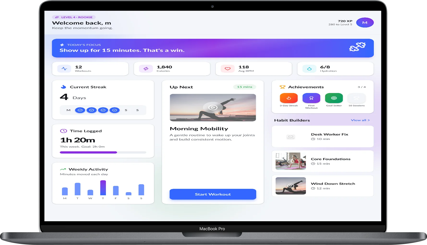 FitStart desktop dashboard with a three-column layout showing streak, weekly activity, next workout, achievements, and habit builders