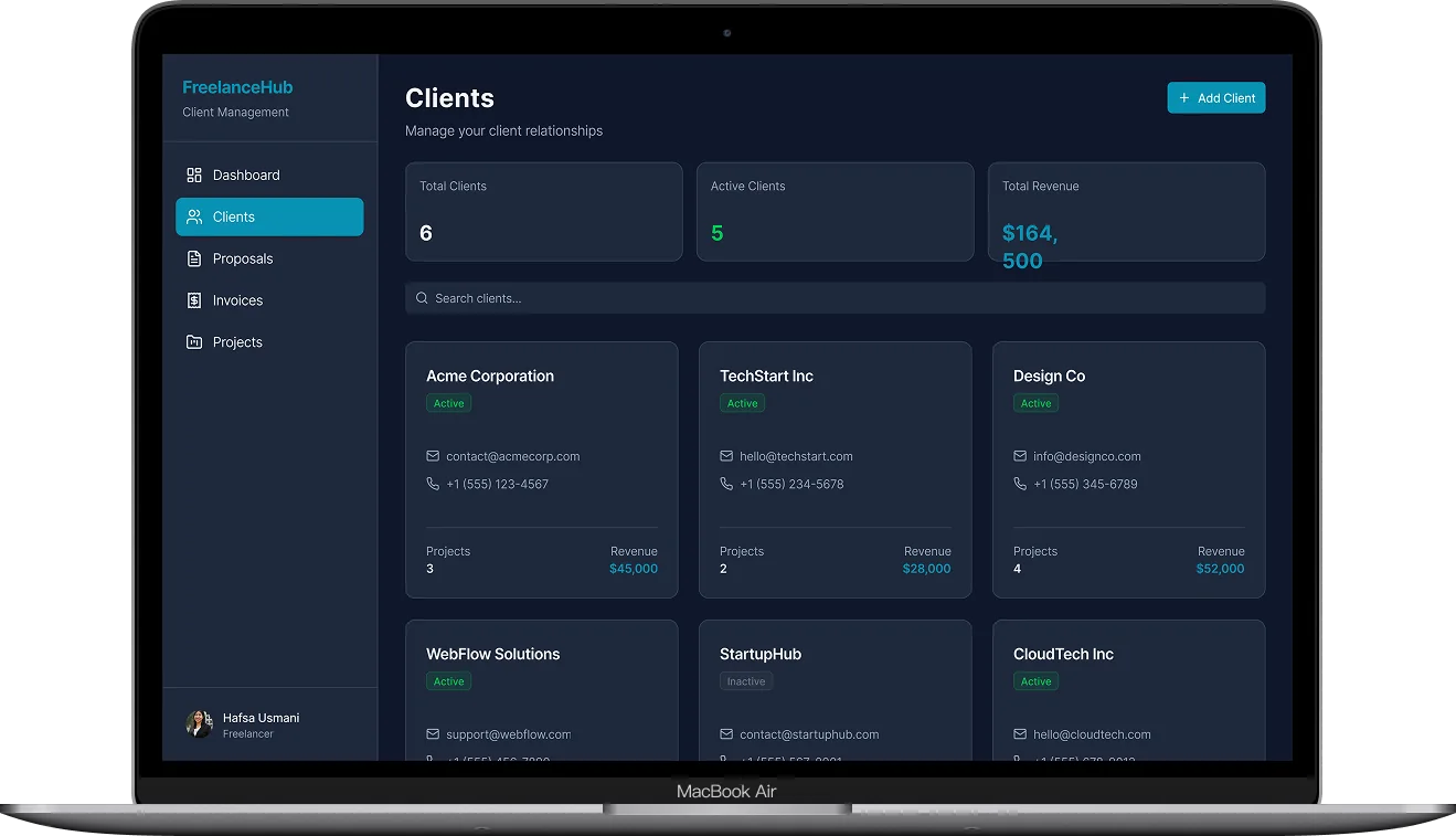 Folio Client Profile screen - Single source of truth for each client relationship: contact info, project history, total revenue, and complete communication timeline.