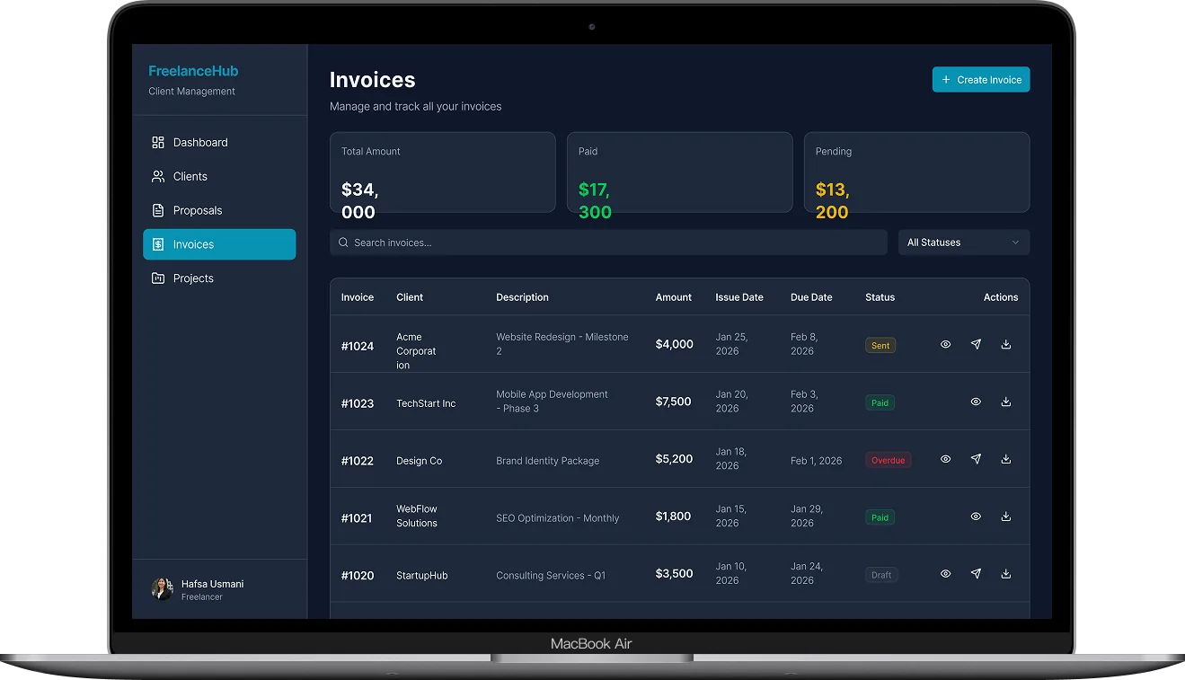 Folio Invoice Manager screen - Visual status tracking: draft, sent, viewed, paid, overdue. Automatic payment reminders. Stripe integration for instant payments.