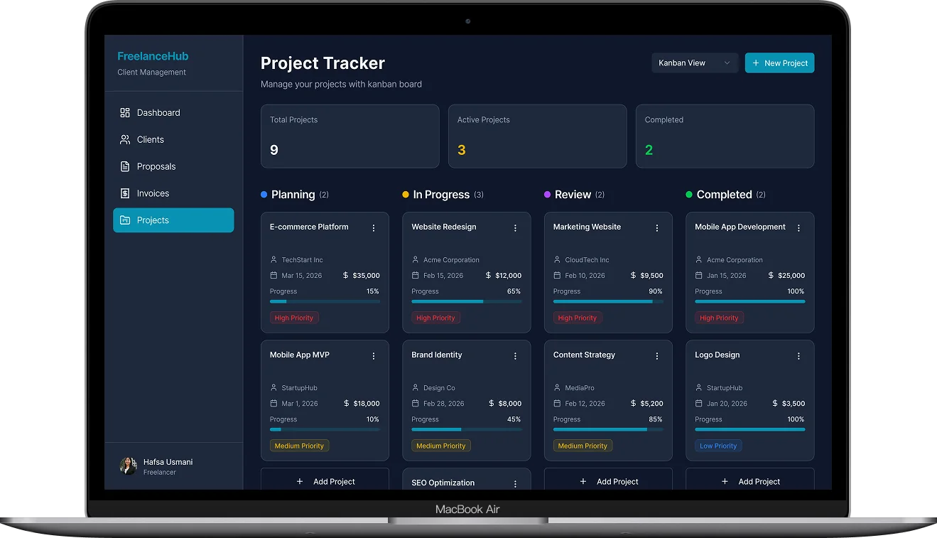 Folio Project Tracker screen - Milestone-based progress tracking with time logging. Clients can view progress without freelancer having to send updates.