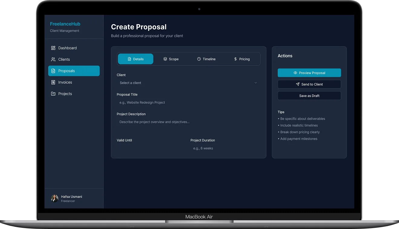 Folio Proposal Builder screen - Drag-and-drop blocks for scope, timeline, and pricing. Live preview shows exactly what clients will see. One click to send.