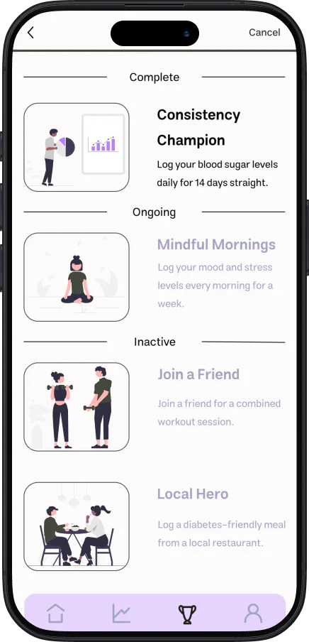 MedRec challenges screen with gamified health goals and achievement badges